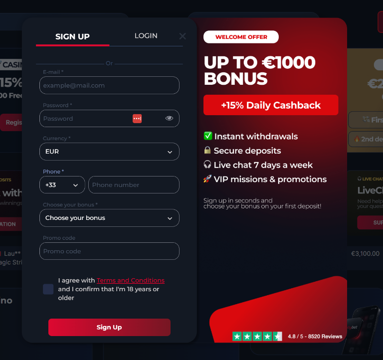 LollyBet sign-up form — Welcome Offer €1000